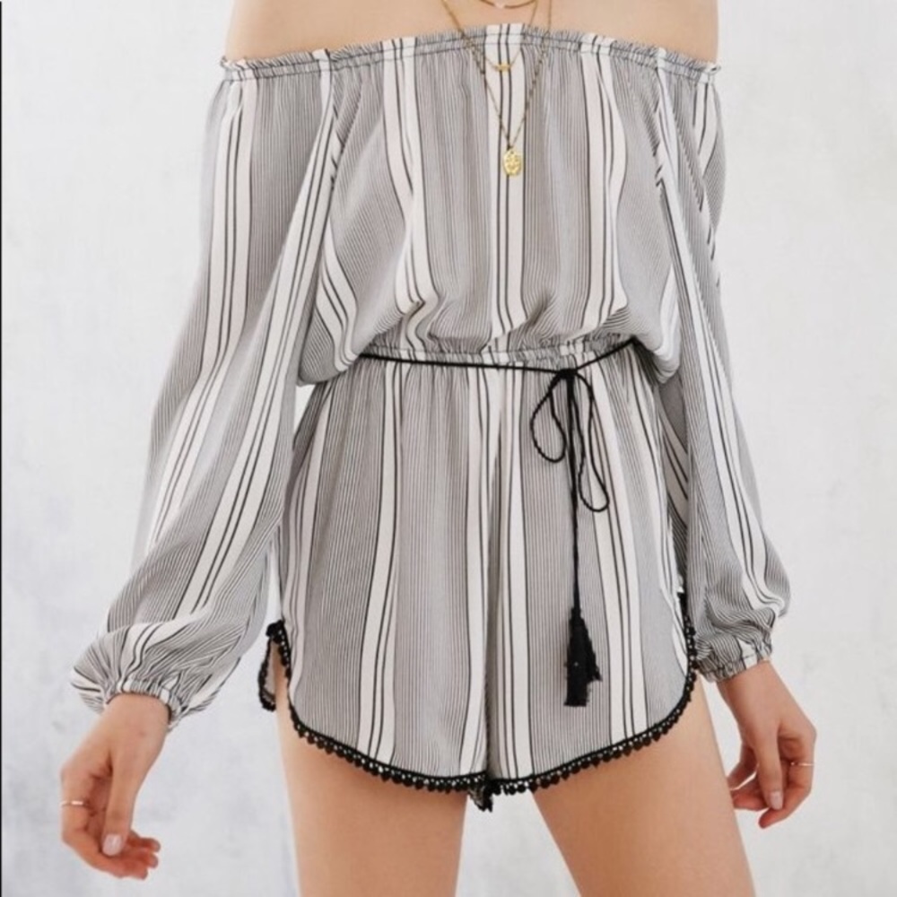 UO Ecote Off The Shoulder Black and White Striped Romper